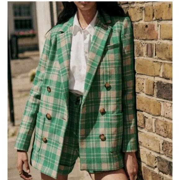 Sezane Jackets & Blazers - SEZANE Sz 46 14 Green Tan Check Plaid Wool Michele Jacket Blazer